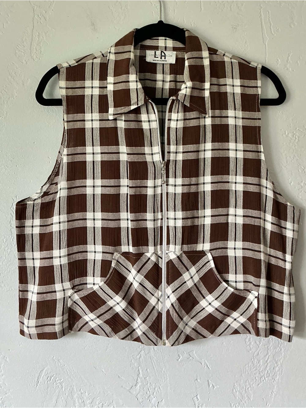 LA Galaxy Brown and White Lightweight Plaid Zip Front Vest